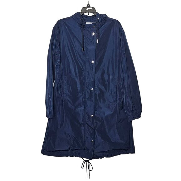Carolina Belle Montreal Navy Blue Hooded Raincoat Womens M Drawstring Hem Long - Picture 1 of 10